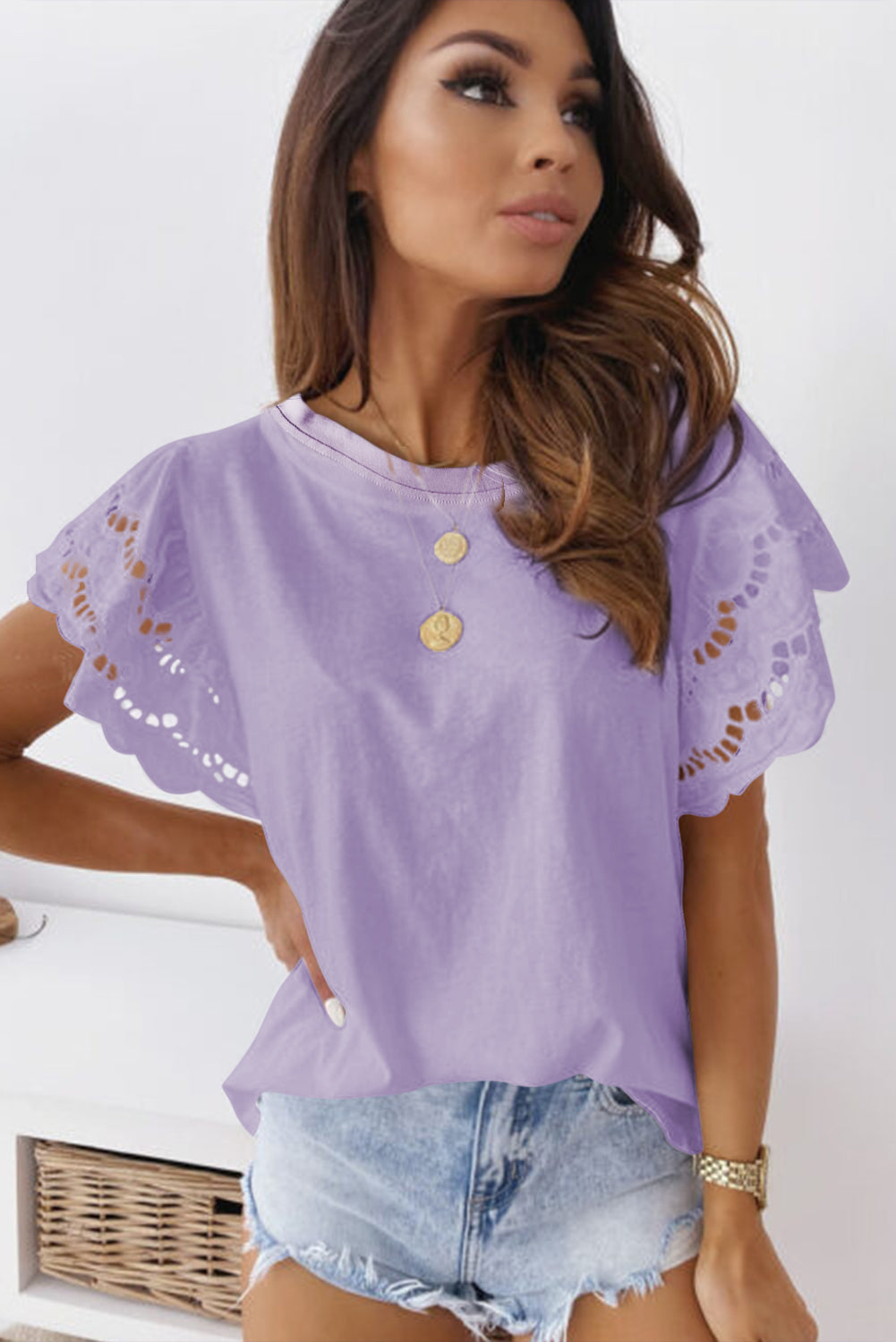 Purple Hollow Out Ruffle Sleeve T-shirt