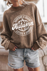 Brown Autumn Pumpkin Print Loose Drop Shoulder Sweatshirt