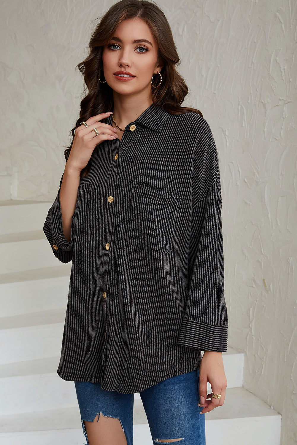 Sky Blue Roll Tab Sleeve Ribbed Cording Shacket