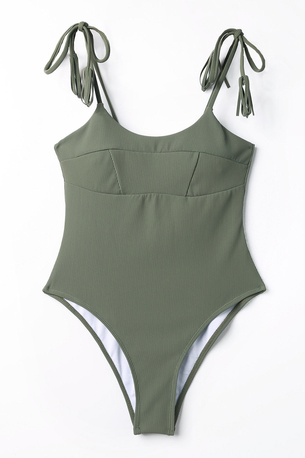 Green Tassel Tie Straps Ribbed One Piece Swimsuit