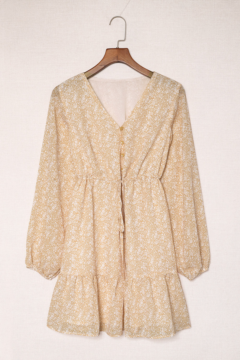 Brown Buttons Front Bubble Sleeve Shirt Floral Dress