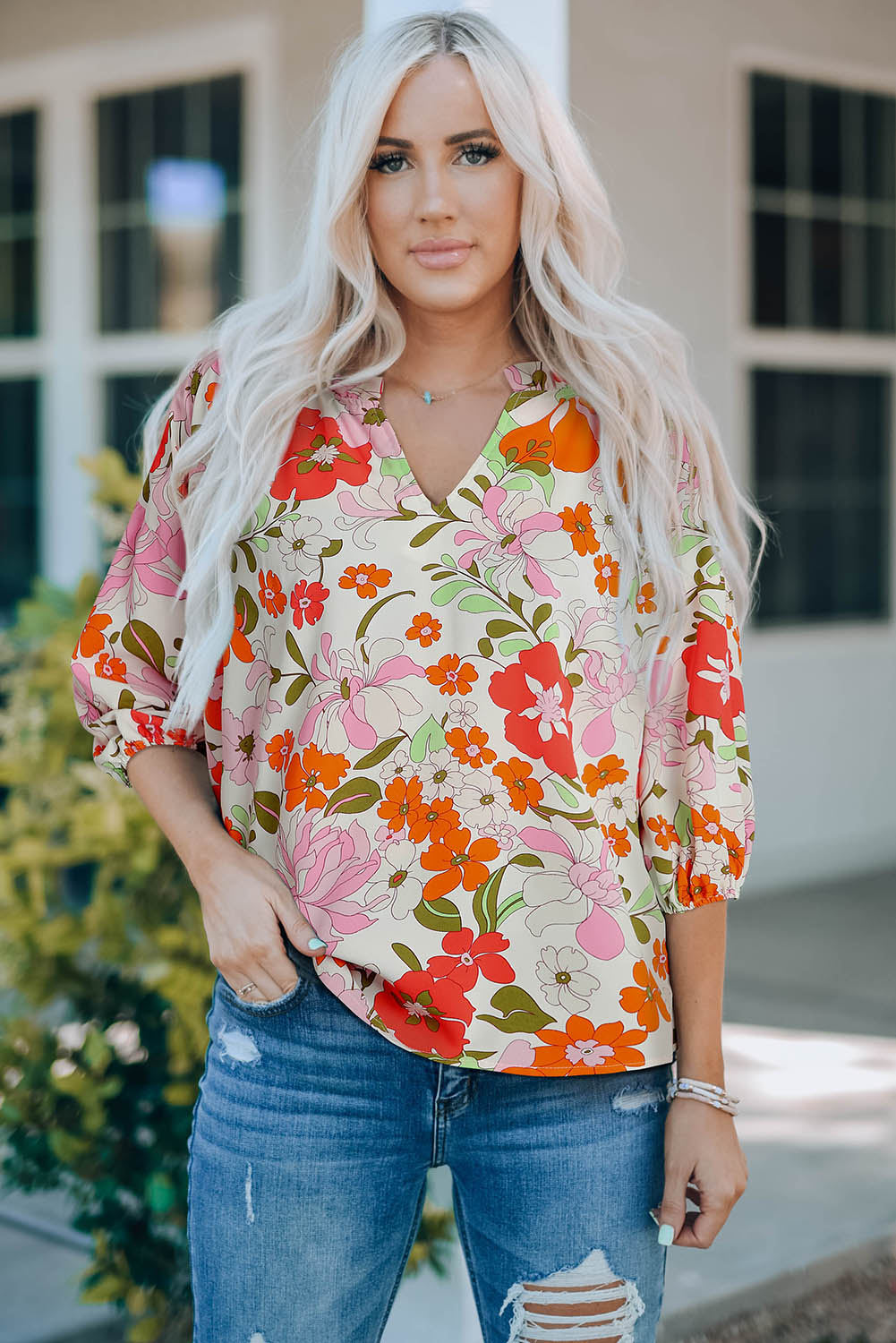 Orange Blooming Flowers Frill Trim Puff Sleeve Blouse