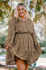 Khaki Plus Size Ruffled Long Sleeve Animal Spotted Print Dress