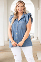 Blue Frayed Ruffle Sleeve Plus Size Denim Shirt