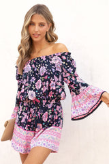 Blue Floral Patchwork High Waist Off Shoulder Romper