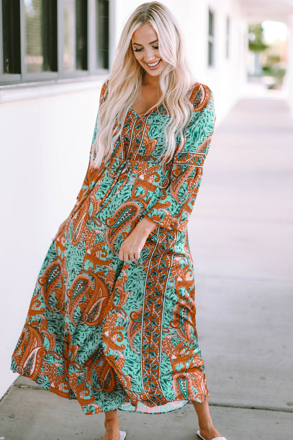Green Boho Paisley Mix Print Long Sleeve V-Neck Tie Maxi Dress