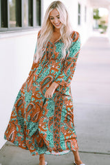 Green Boho Paisley Mix Print Long Sleeve V-Neck Tie Maxi Dress