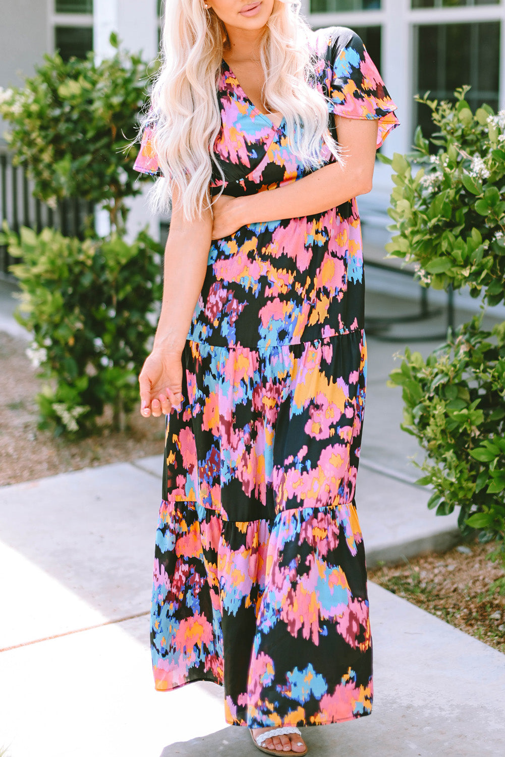 Black Smocked Tie-dye Print Midi Dress