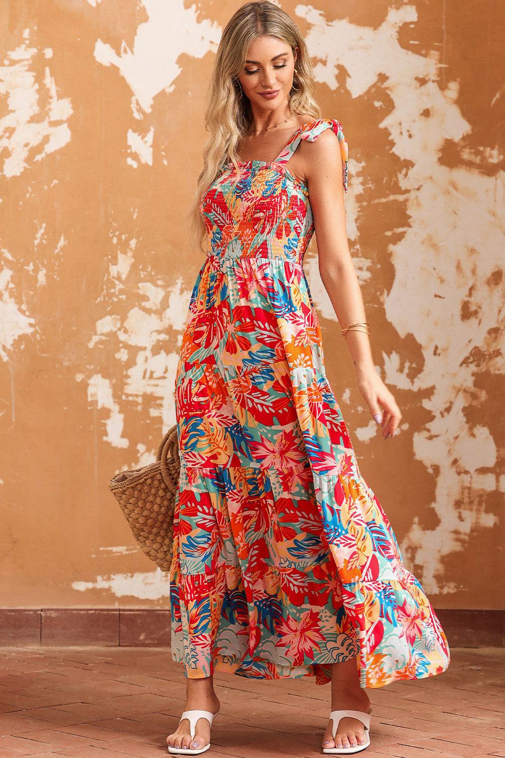 Multicolor Vibrant Tropical Print Smocked Ruffle Tiered Maxi Dress