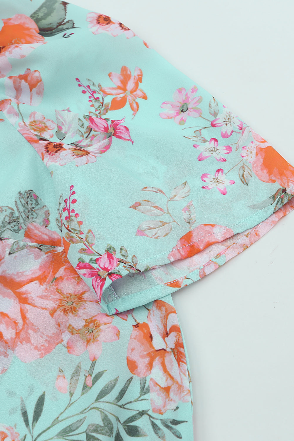 Sky Blue Floral Print Short Puff Sleeves Top