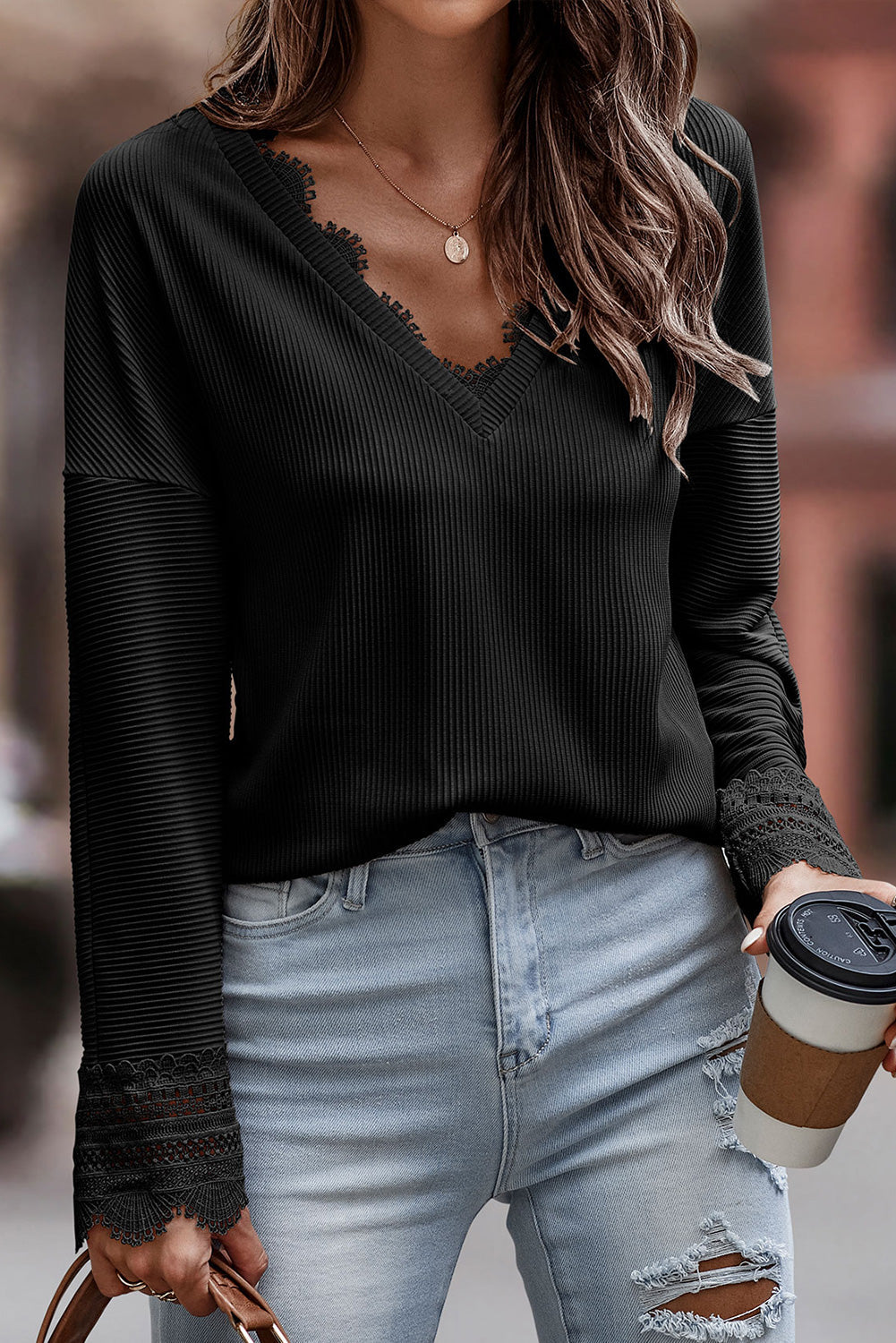 White Ribbed Texture Lace Trim V Neck Long Sleeve Top