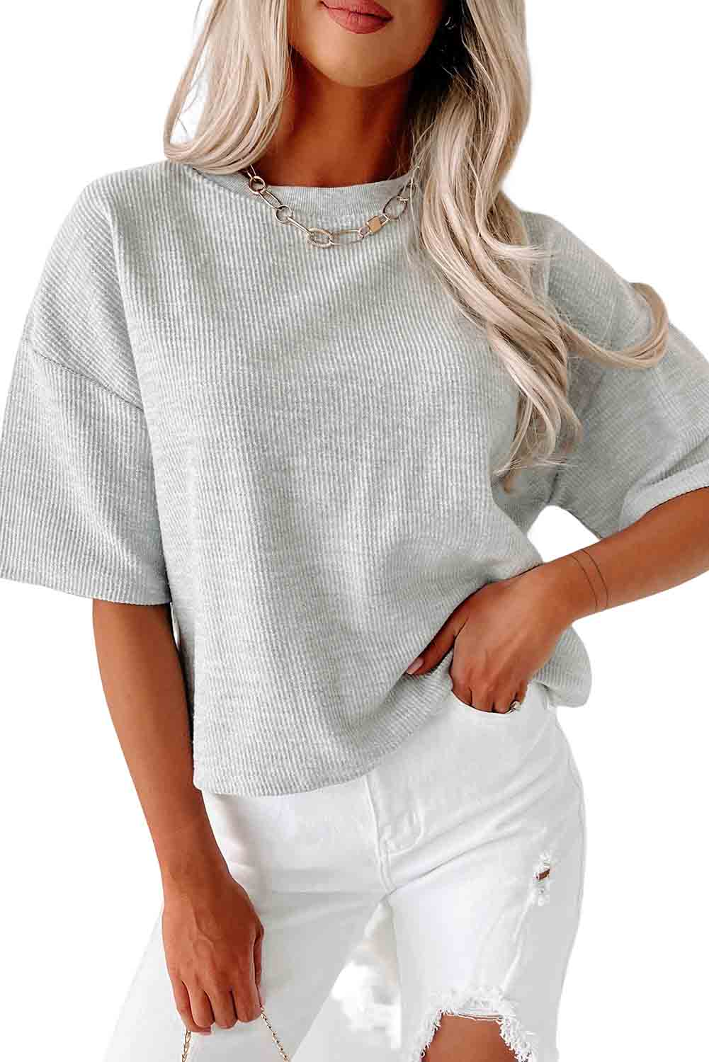 Gray Corded Drop Shoulder Short Sleeve Top