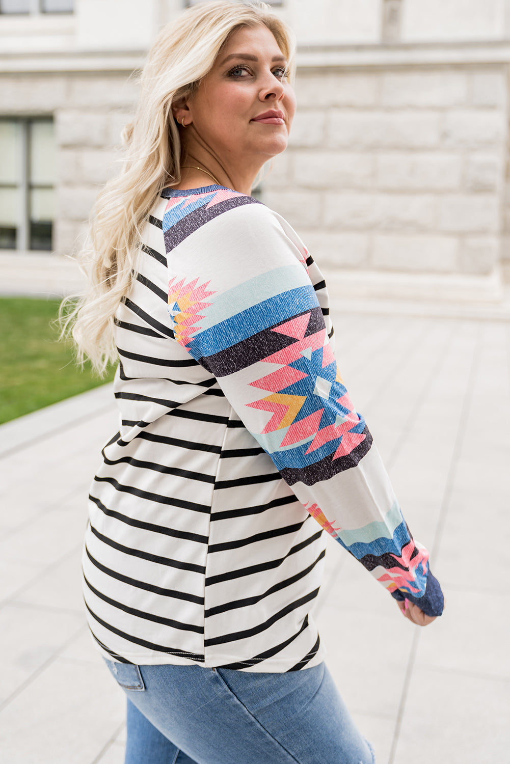 White Aztec Sleeve Striped Raglan Plus Size Top