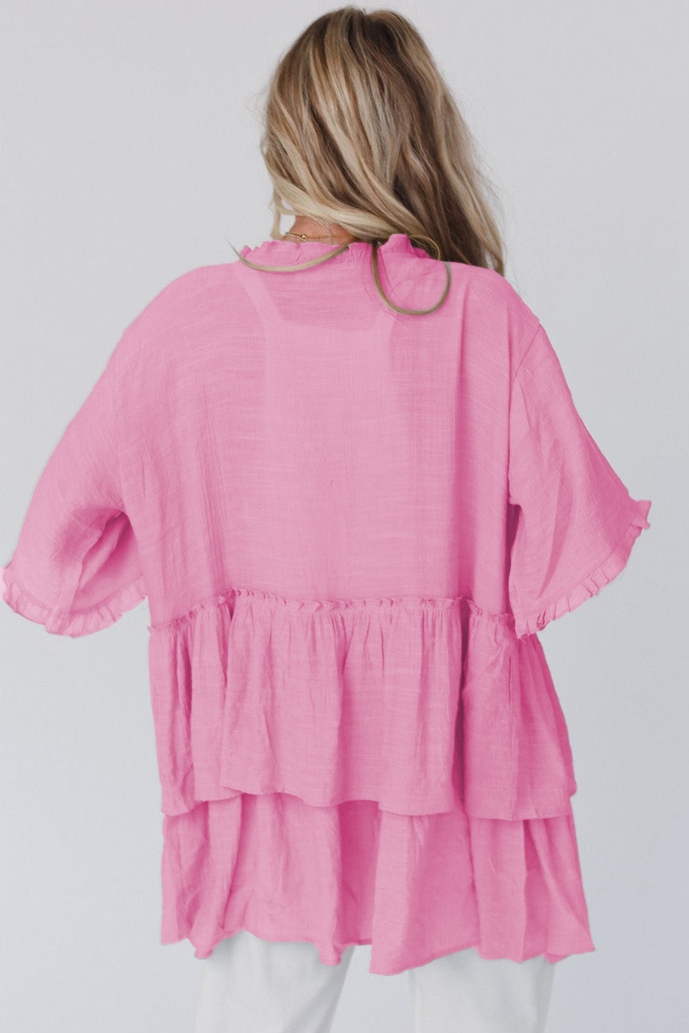 Gray Ruffled Trim Half Sleeve Open Front Kimono