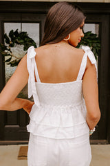 White Eyelet Pattern Tied Shoulder Peplum Tank Top