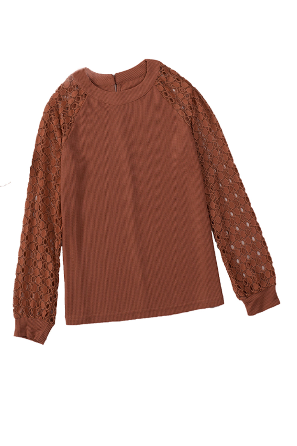 Brown Lace Contrast Long Sleeve Waffle Knit Top