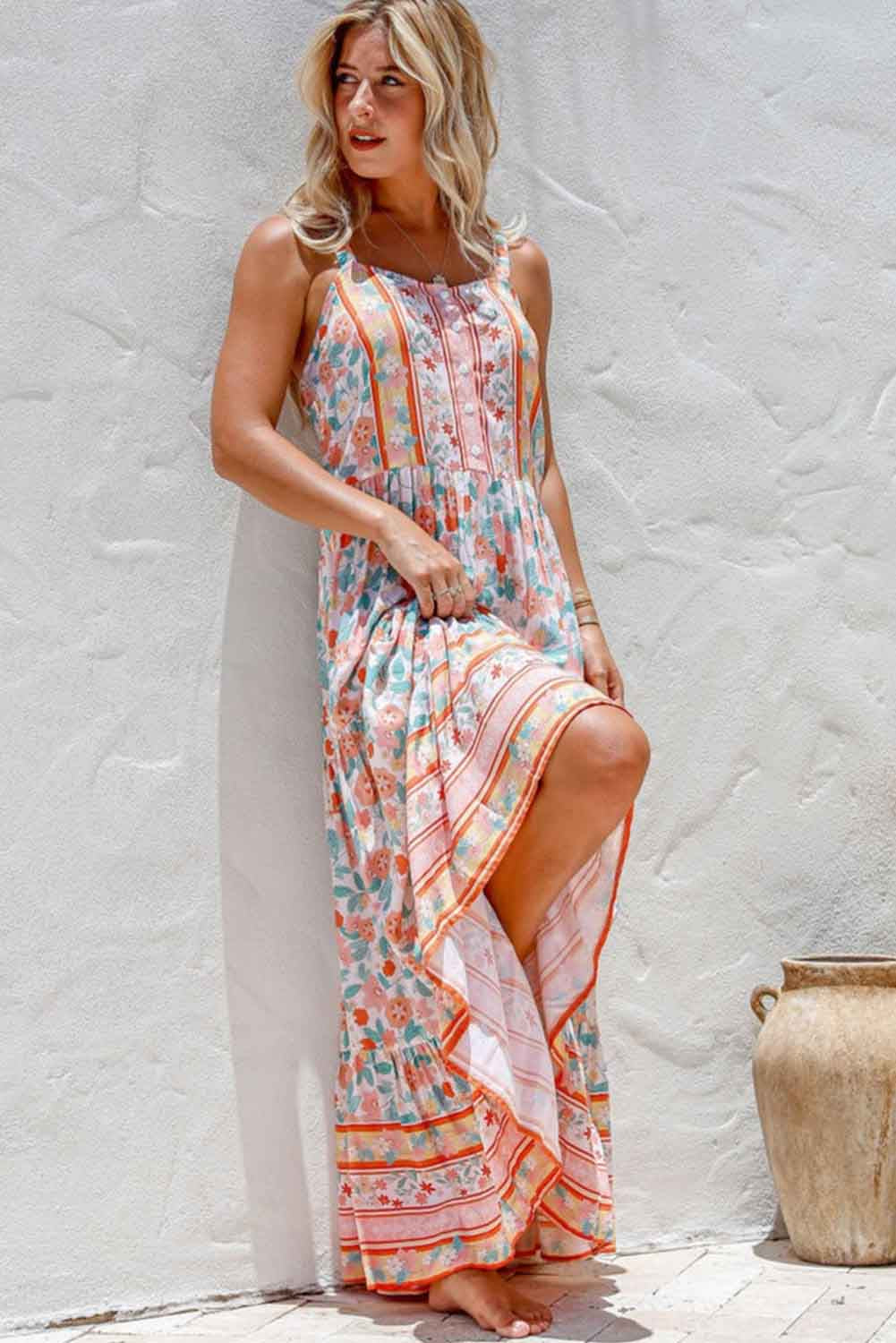 Orange Boho Floral Print Sleeveless Tiered Maxi Dress