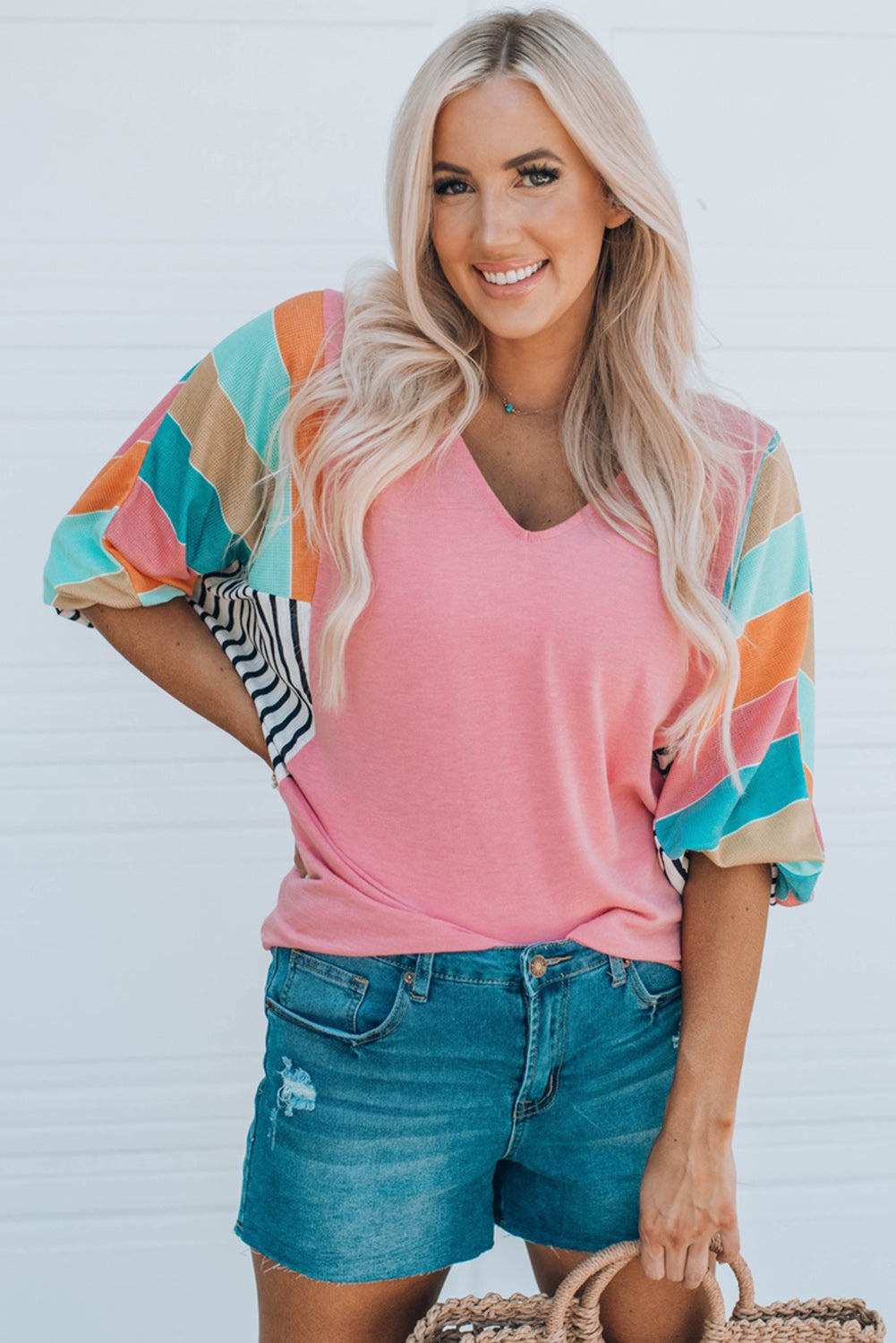 Rose Stripe Color Block Bubble Sleeve Top