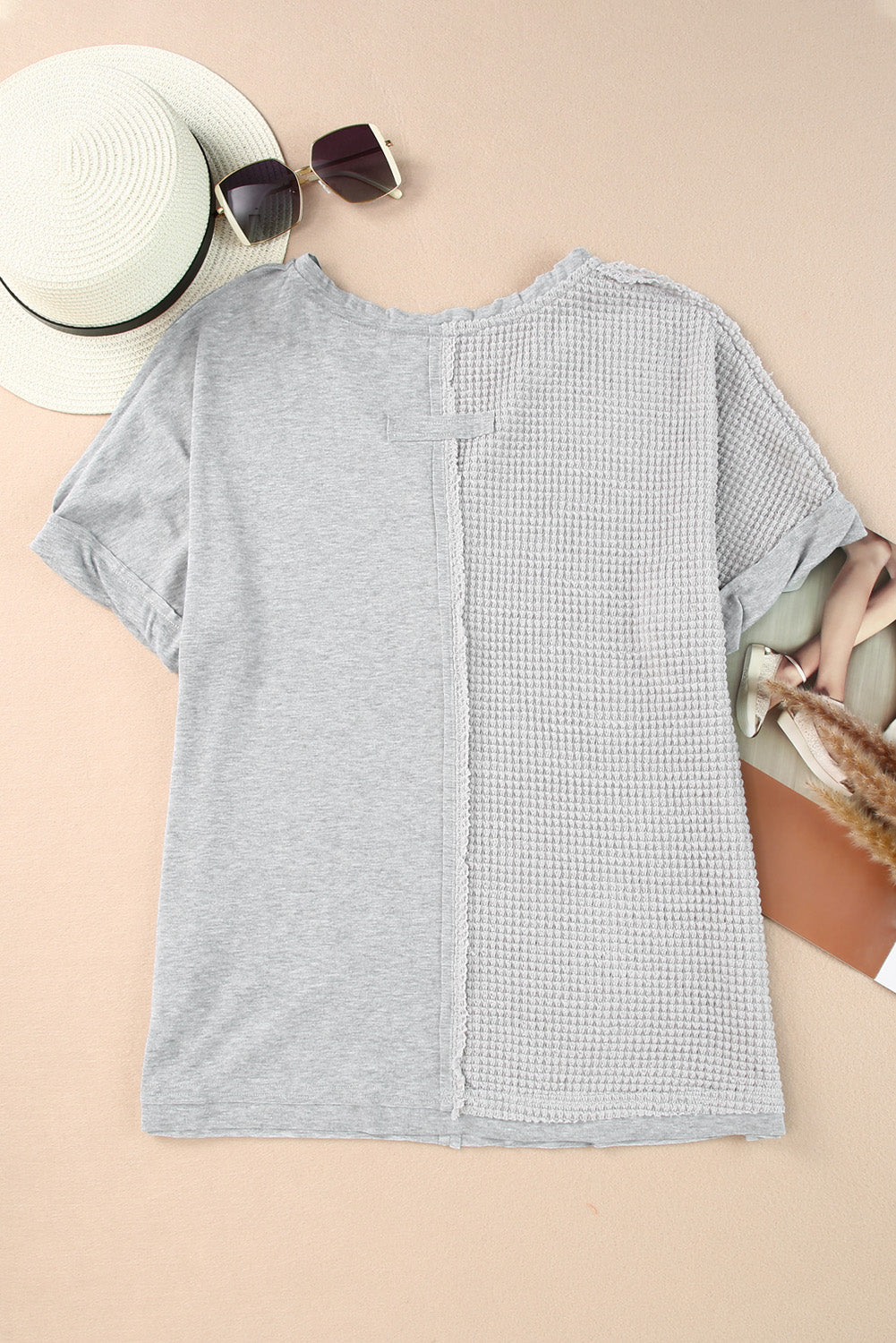 Gray Waffle Knit Patchwork Buttoned Short Sleeve Top