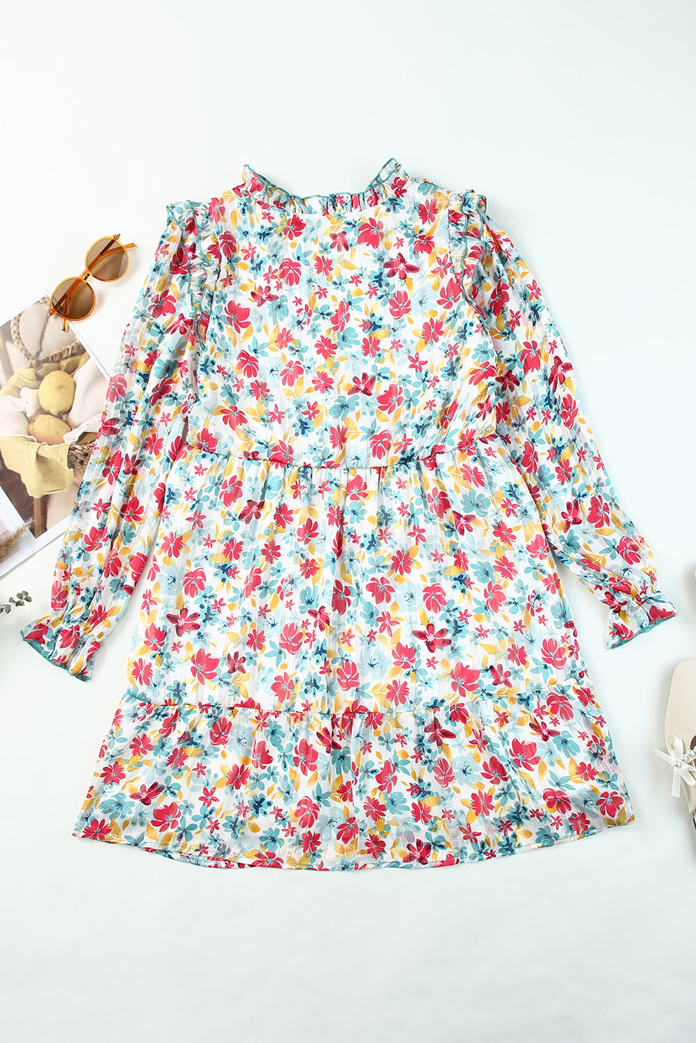 Green Ruffled Lace V Neck Floral Dress