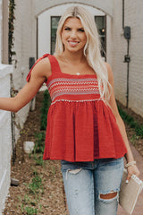 Red Embroidered Babydoll Tie Strap Tank Top