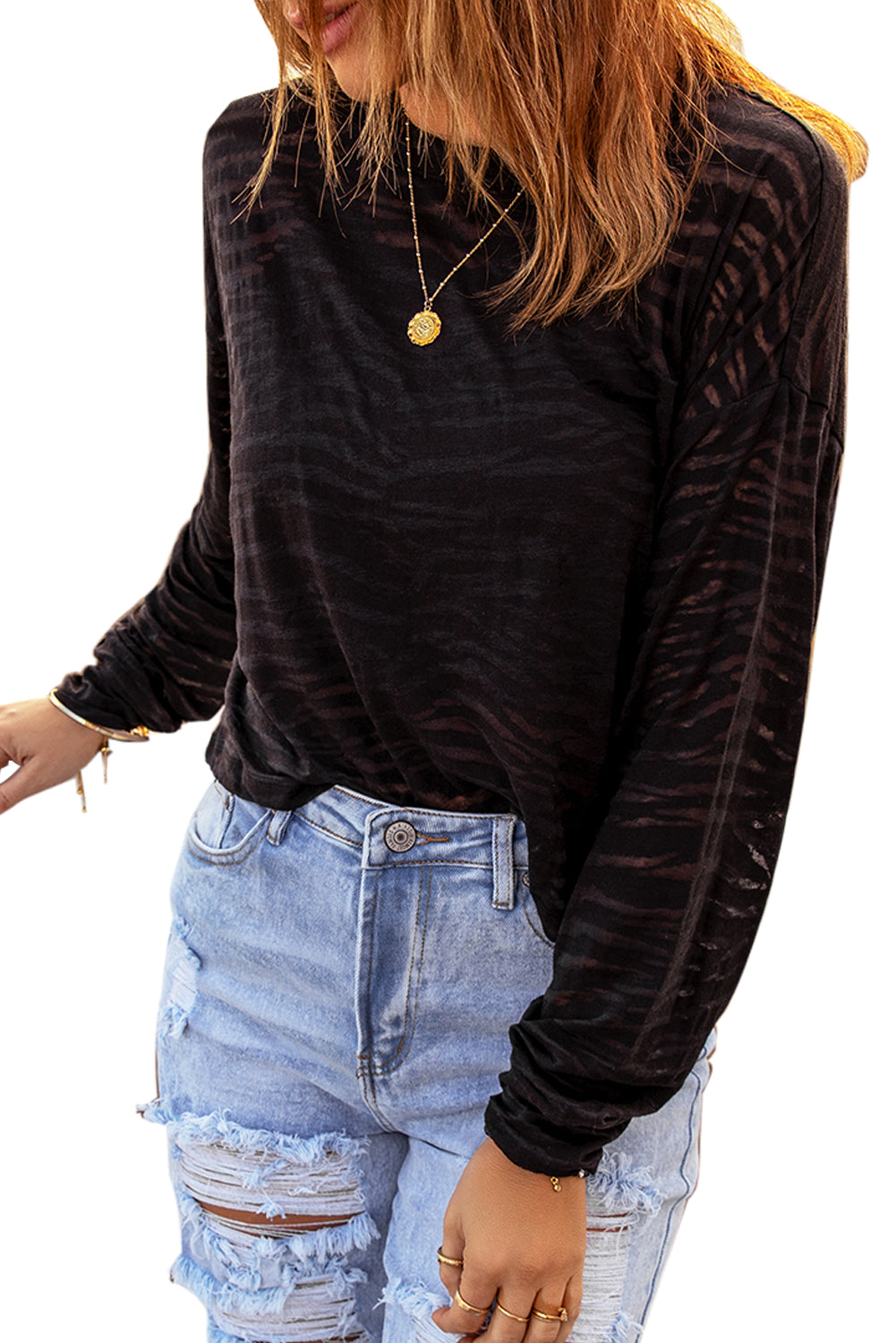 Black Zebra Print Drop Shoulder Long Sleeve Top