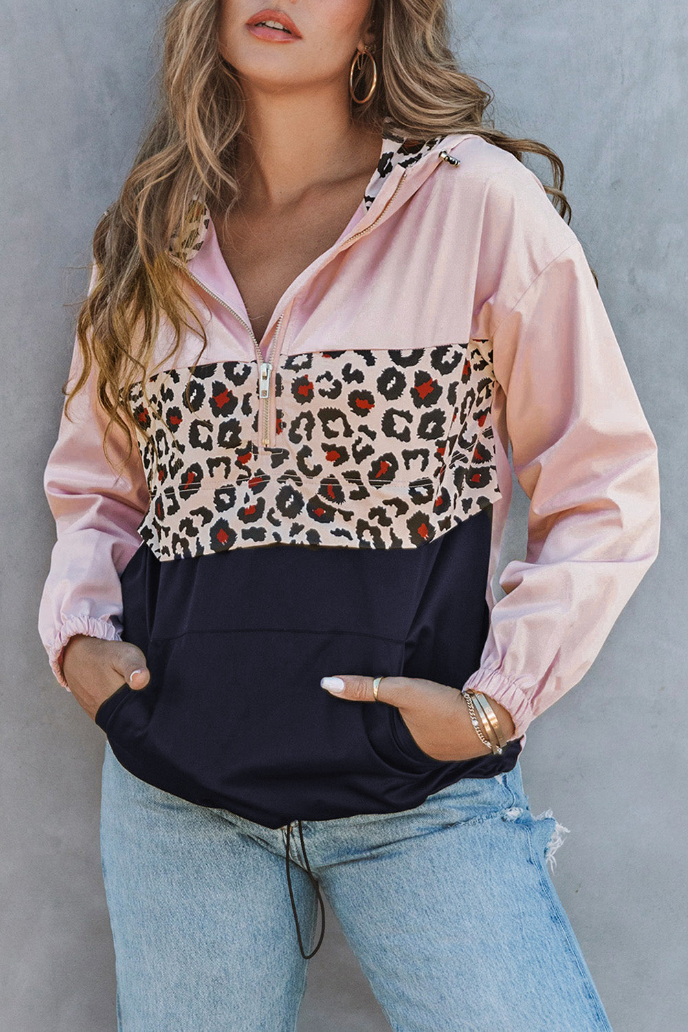 Black Leopard Patchwork Half Zip Pocketed Pullover Hoodie