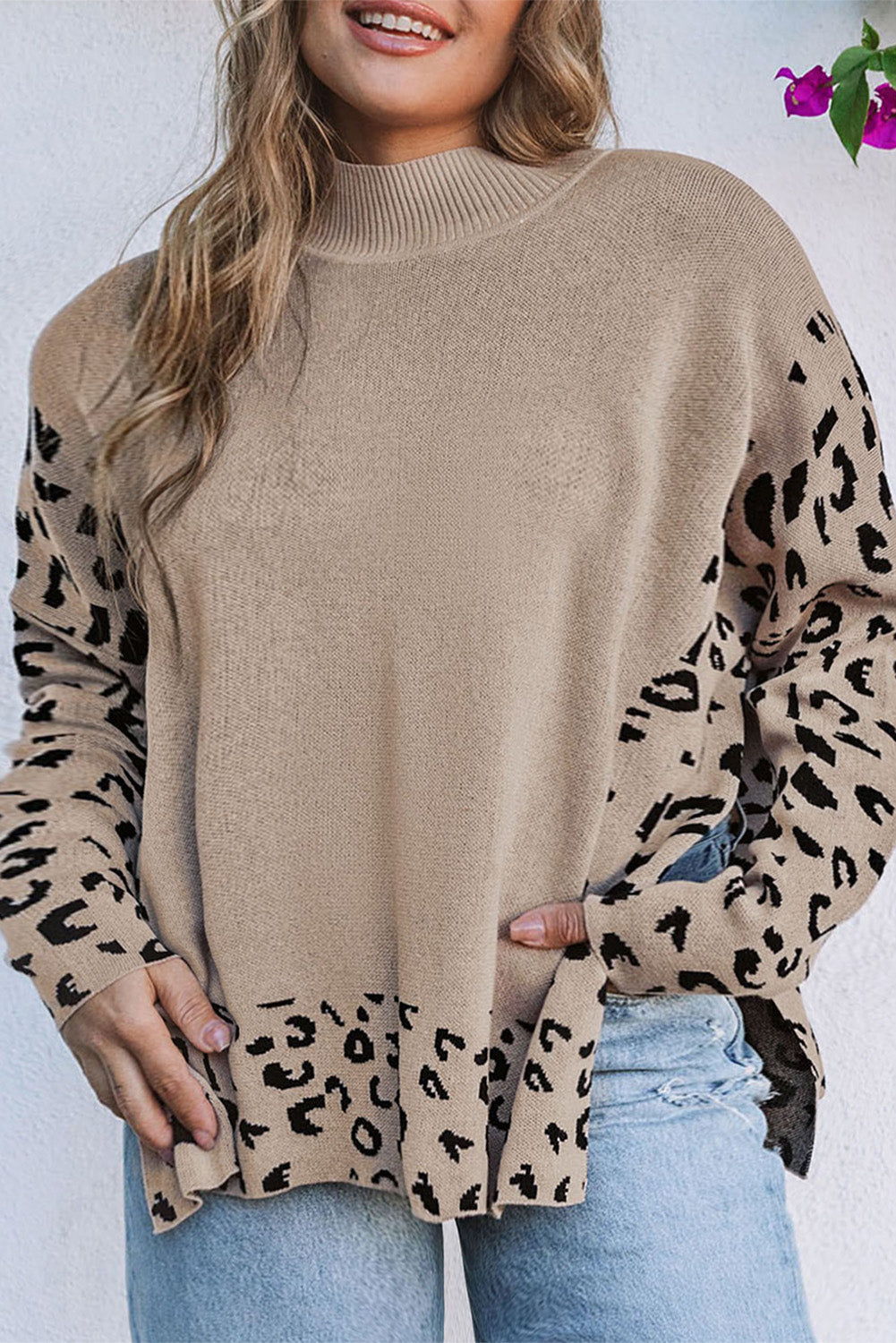 Khaki Leopard High Neck Side Slit Oversized Sweater