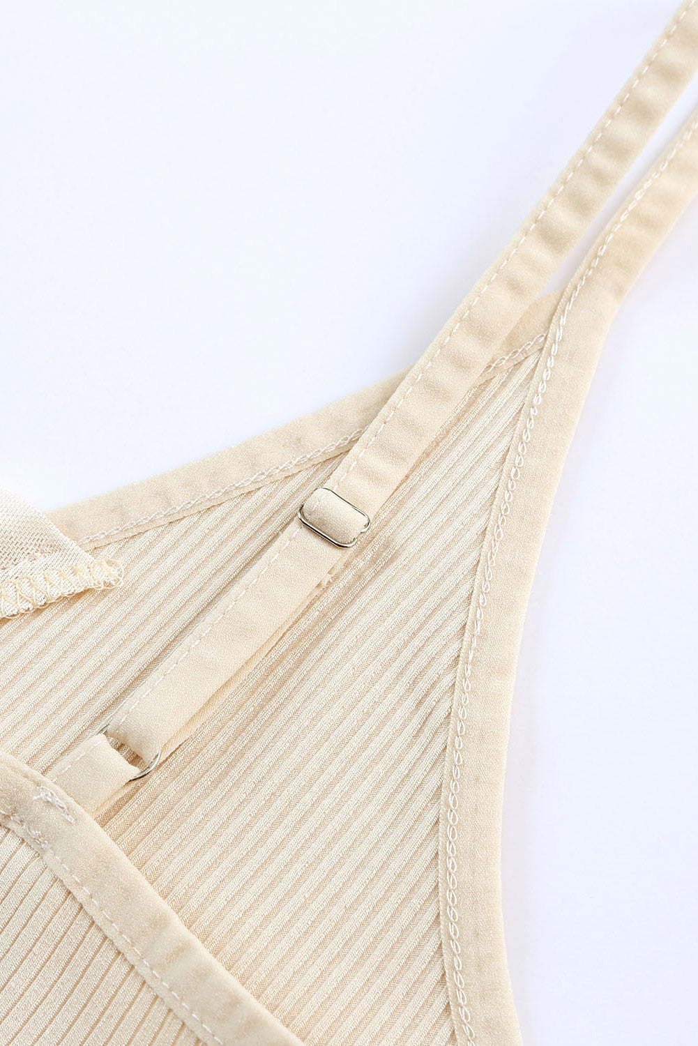 Beige Mesh Patch V Neck Ribbed Knit Tank Top