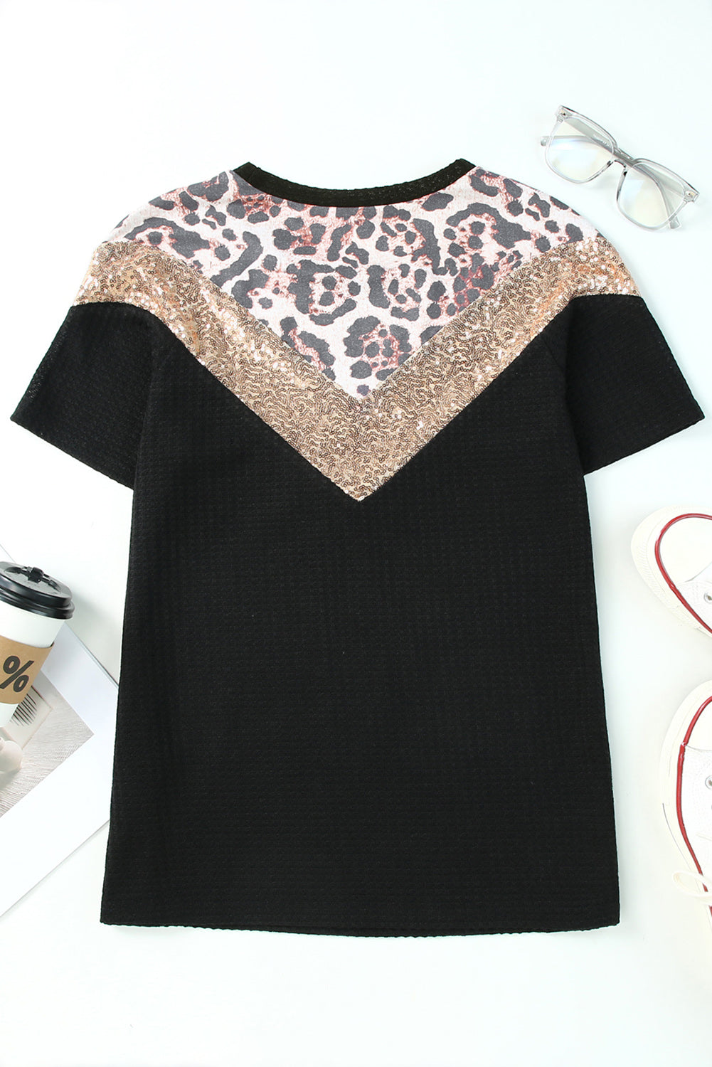 Black Leopard Sequin Waffle Knit Short Sleeve T-shirt