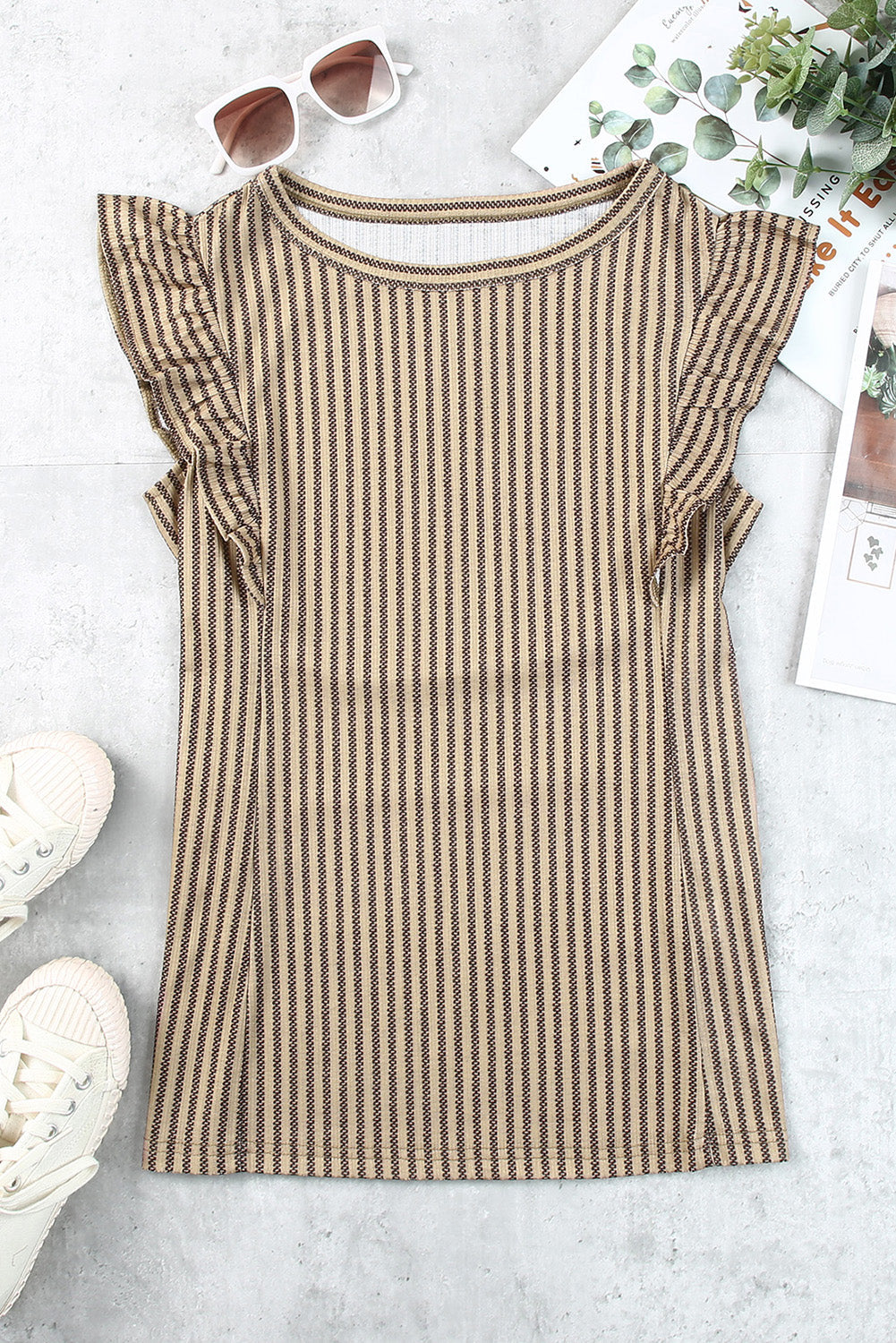 Gray Crew Neck Ruffled Striped Tank Top