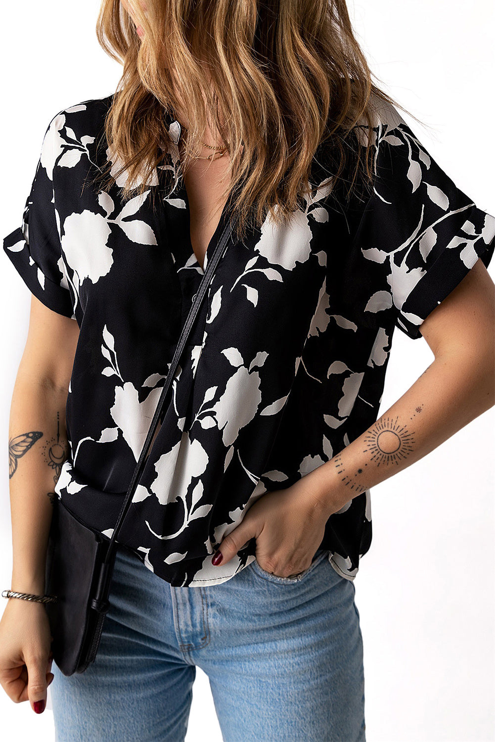 Black Floral Printed Short Sleeve Blouse