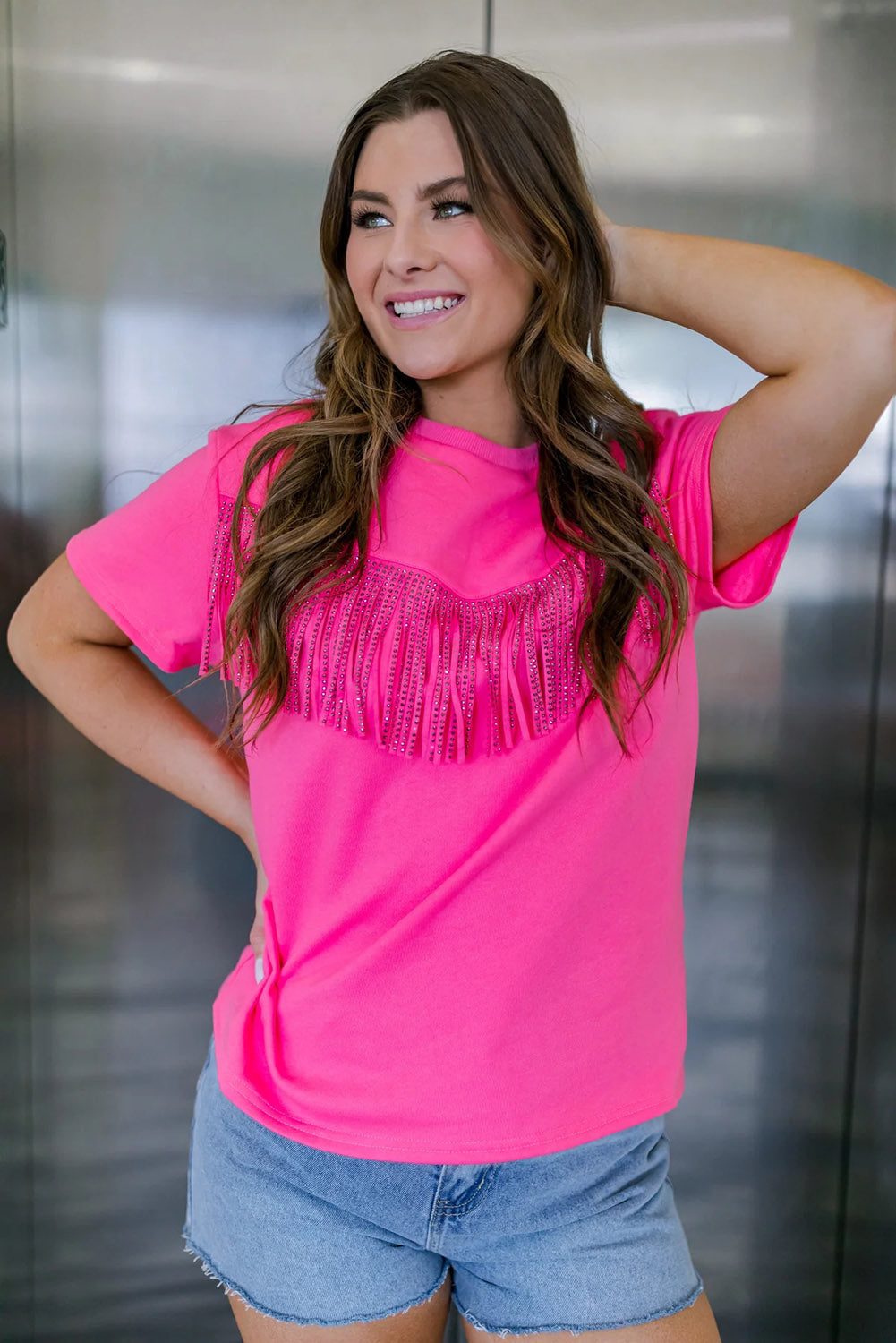 Rose Rhinestone Fringed Short Sleeve T-shirt