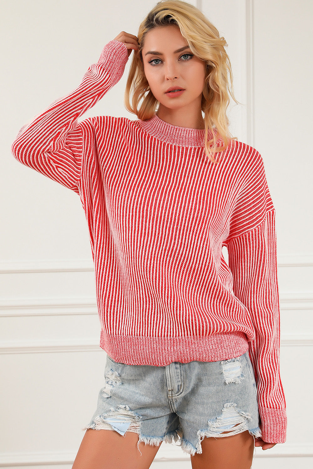 Striped Print Ribbed Trim Round Neck Sweater