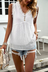 White Swiss Dot Button Frilled V Neck Sleeveless Top