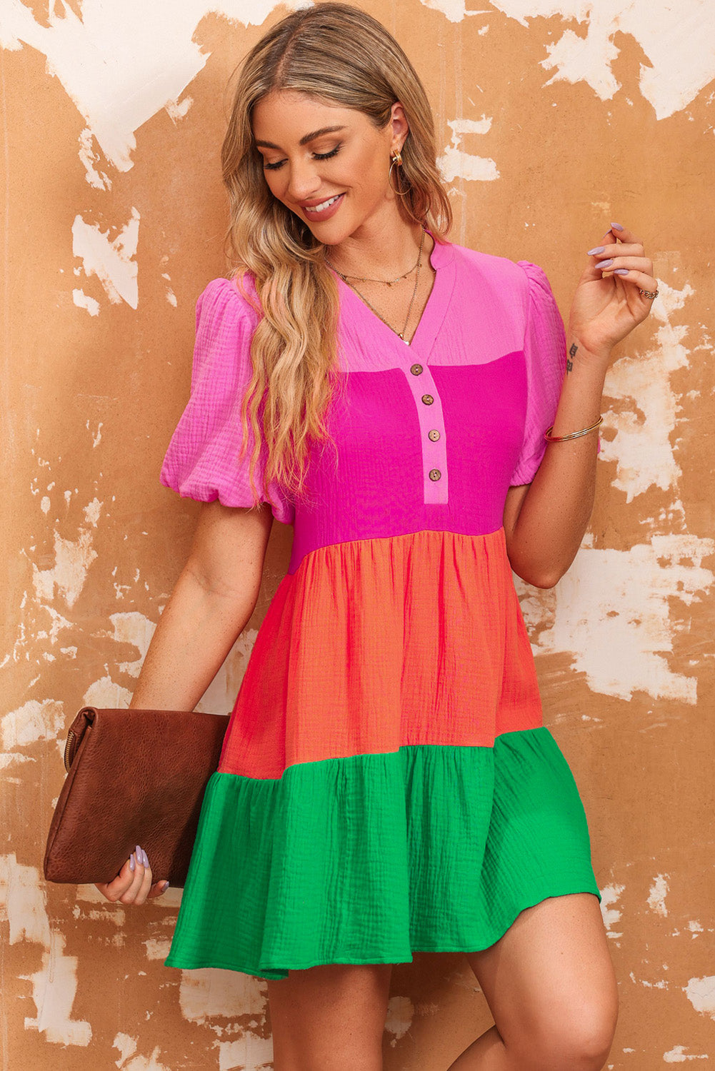 Multicolor Color Block Tiered Puff Sleeve Dress