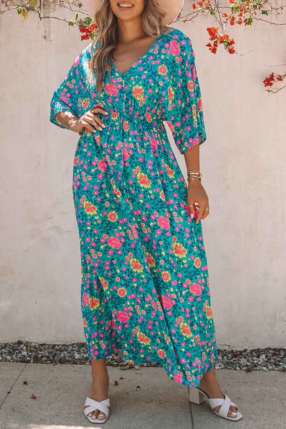 Green Boho Amicgp V Neck Floral Maxi Dress