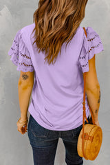 Purple Hollow Out Ruffle Sleeve T-shirt