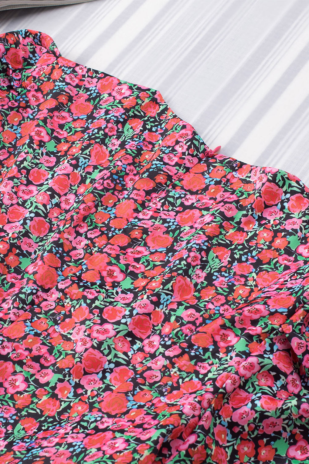 Red Vintage Puff Sleeve Side Pockets Floral Dress