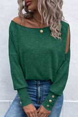 Green Asymmetrical Cut Out Buttoned Long Sleeve Top