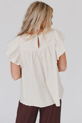 Apricot Stripe Ruffled Sleeve Embroidered Blouse