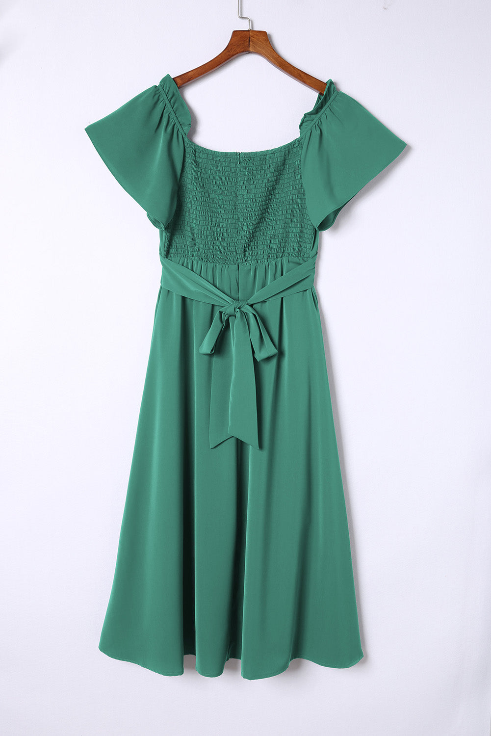 Green Off-shoulder Smocked Tie Back Midi Dress