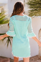 Green Crochet Pom Pom Trim Beach Tunic Cover up