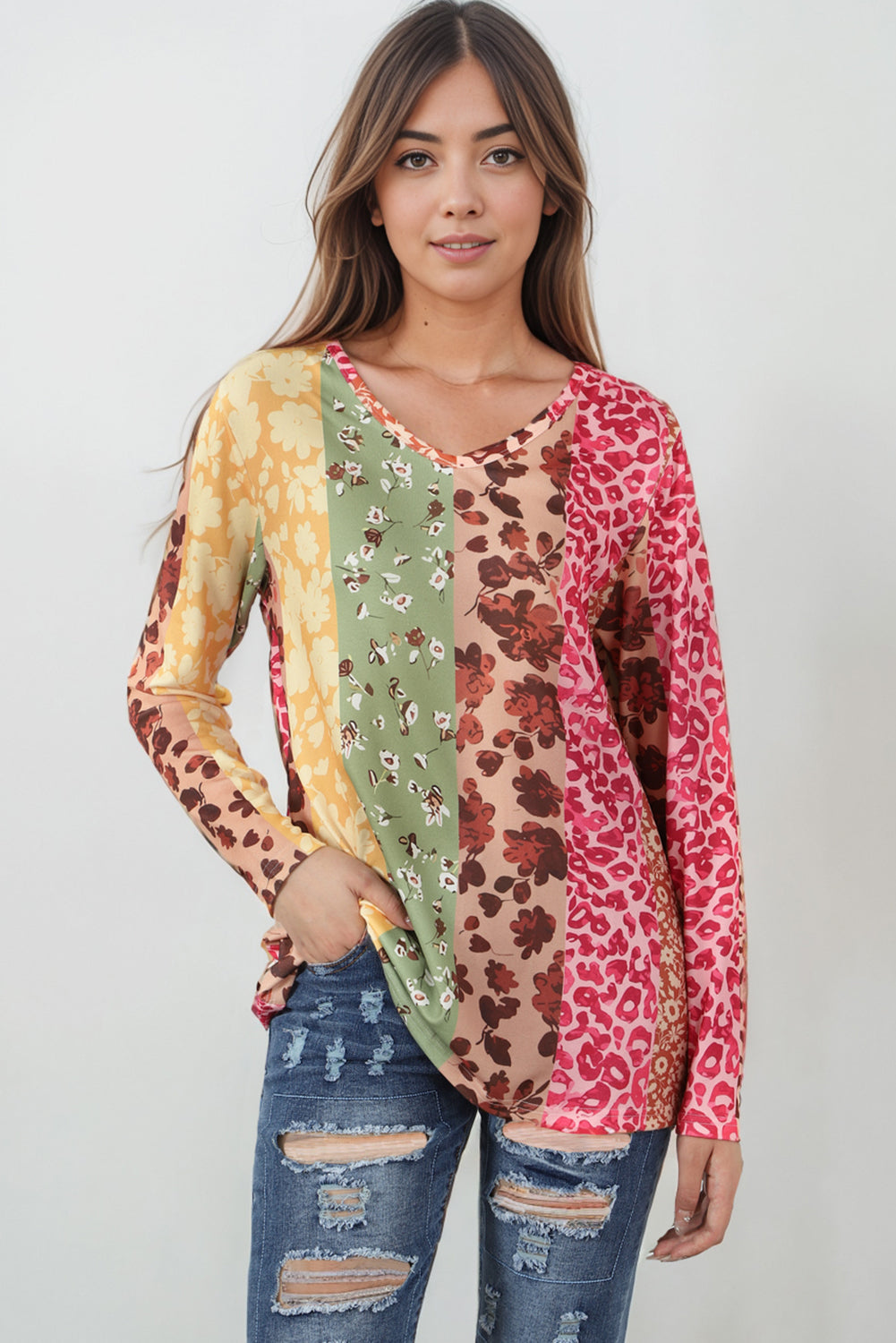 Multicolor Floral Leopard Mixed Print V Neck Long Sleeve Tee