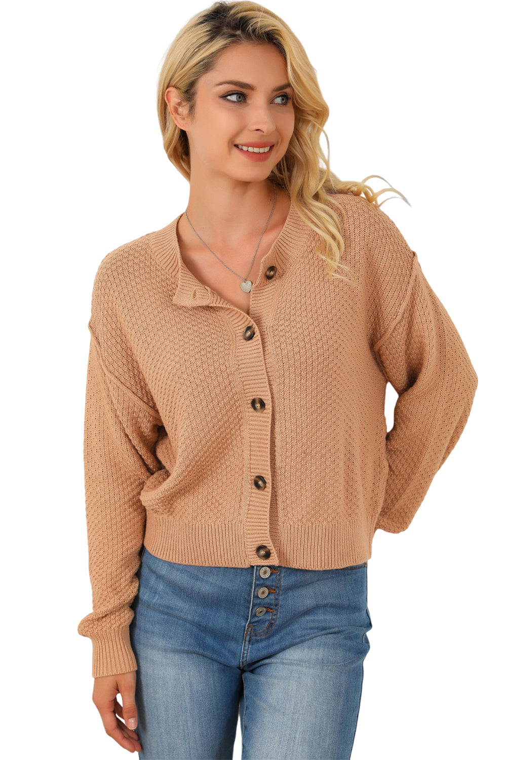 Khaki Button Front Drop Shoulder Knitted Cardigan