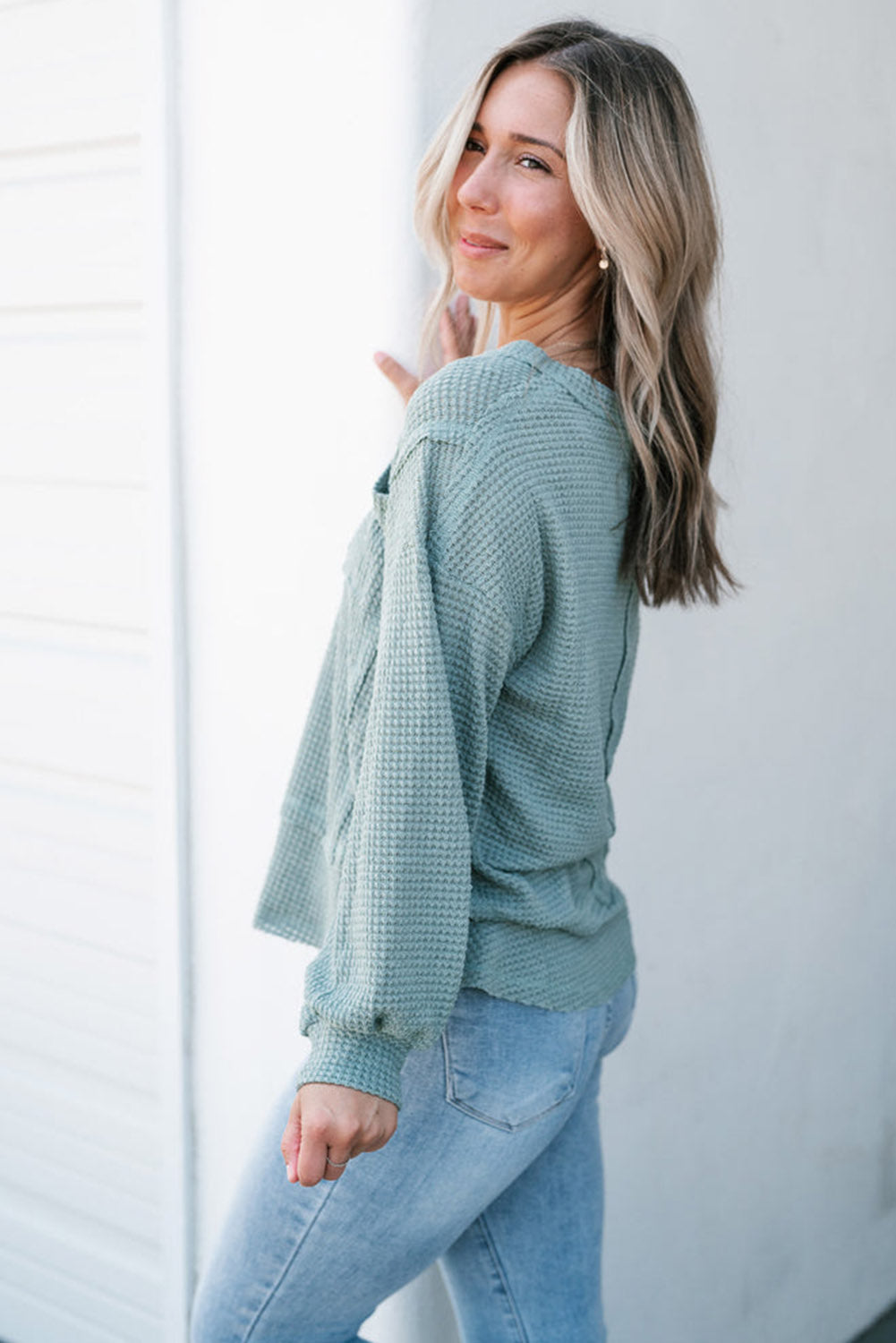 Mist Blue Raw Edge Detail Waffle Knit V Neck Top