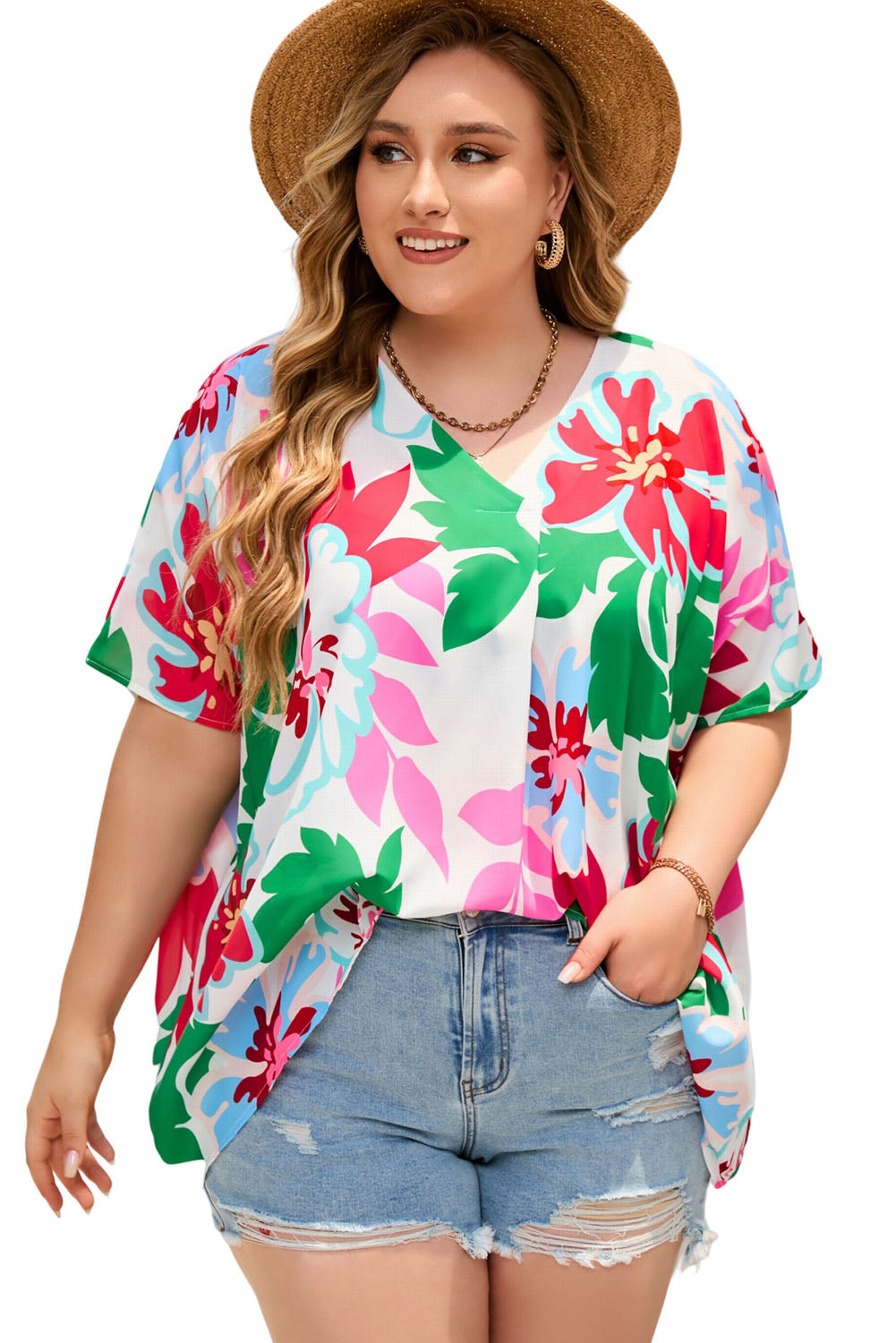 Green Floral Print Faux Wrap Plus Size Blouse