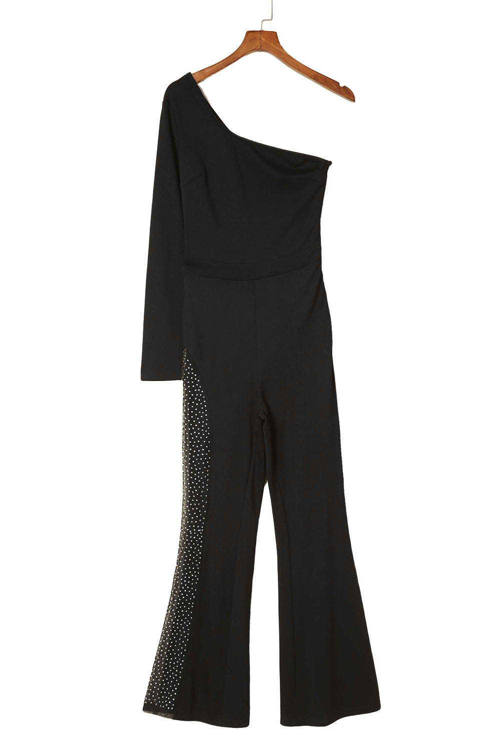 Black One-shoulder Gem Rhinestone Accent Flare Bottom Jumpsuit