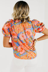 Multicolor Floral Bubble Sleeve V-Neck Plus Size Blouse