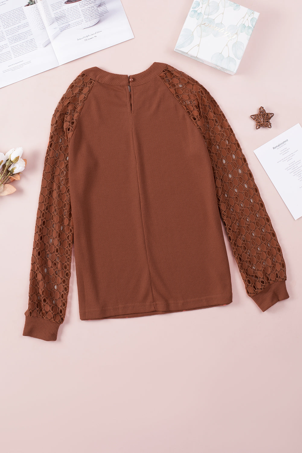 Brown Lace Contrast Long Sleeve Waffle Knit Top